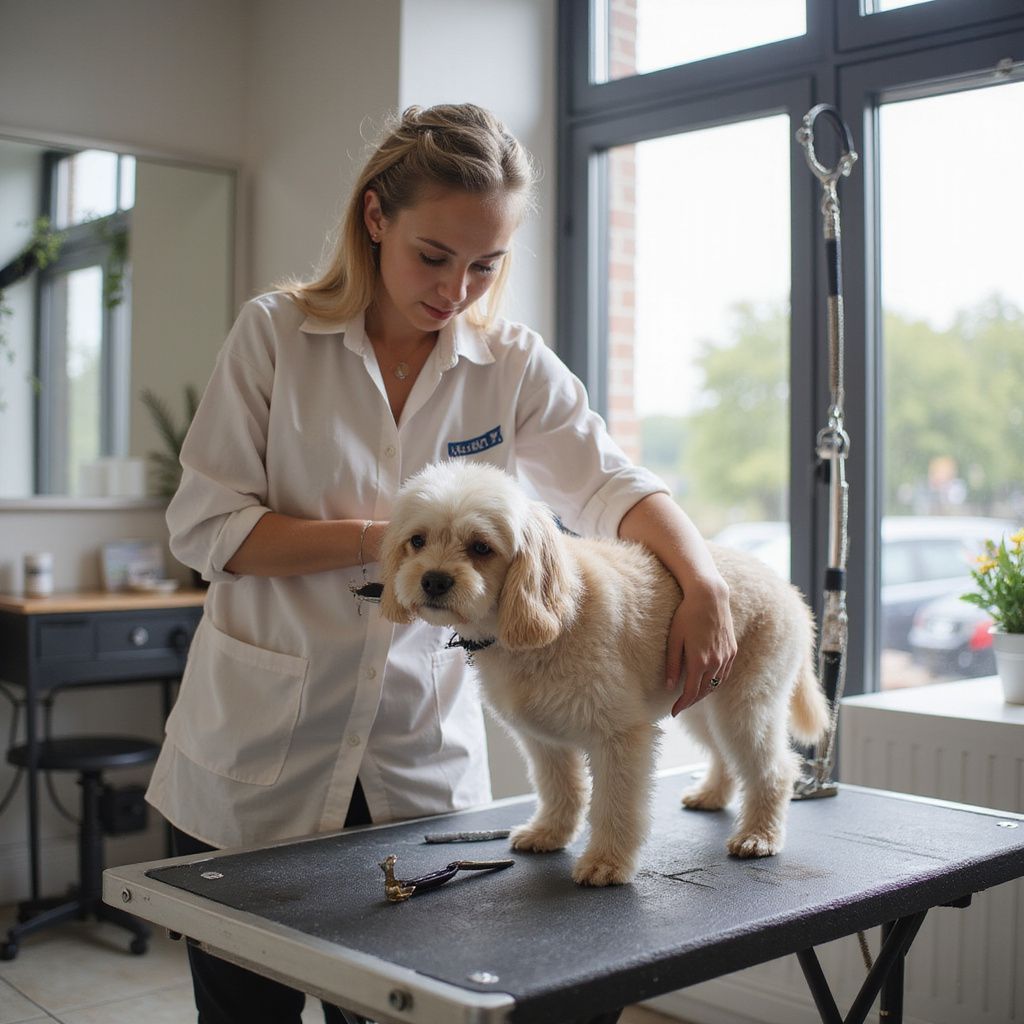 Donna che toeletta un cane chiaro su un tavolo da toelettatura in un salone, vicino a una finestra.