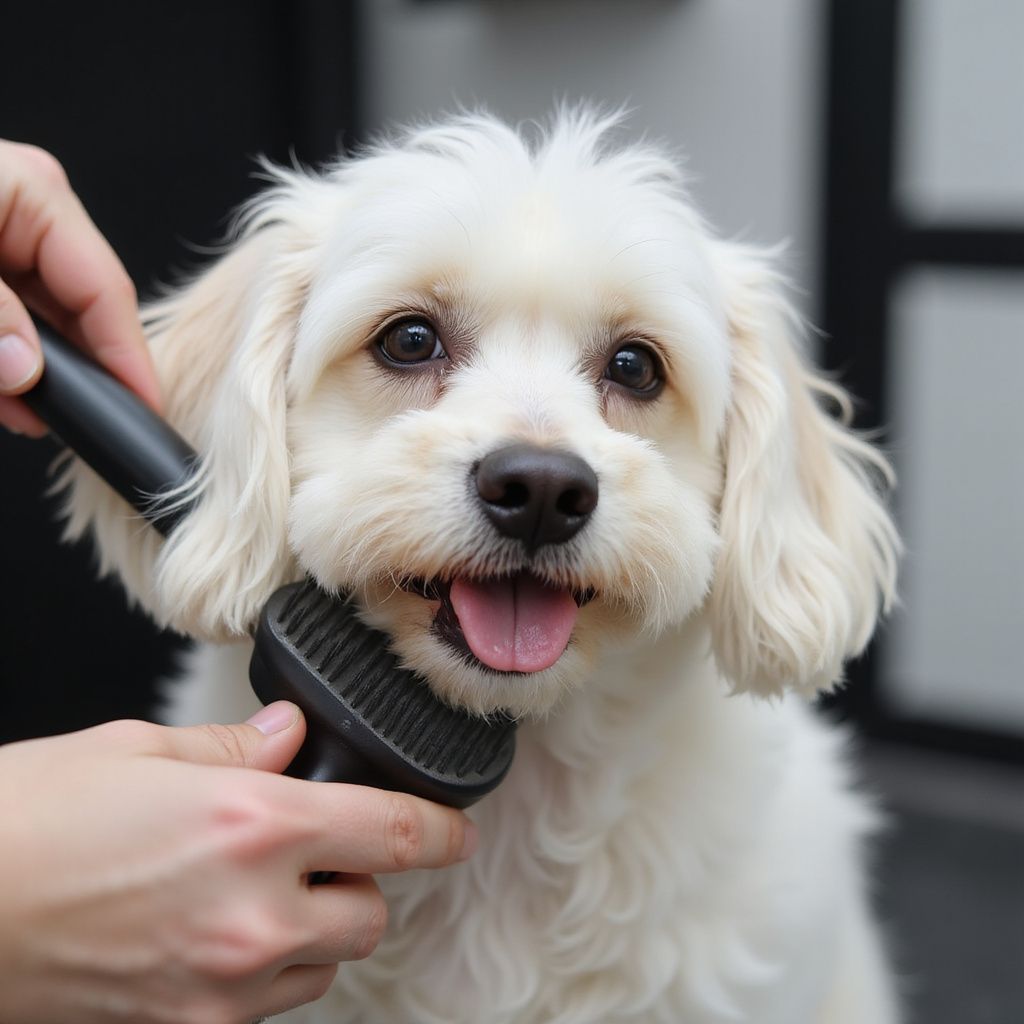Cane bianco che viene spazzolato, mostra la lingua, spazzola nera.