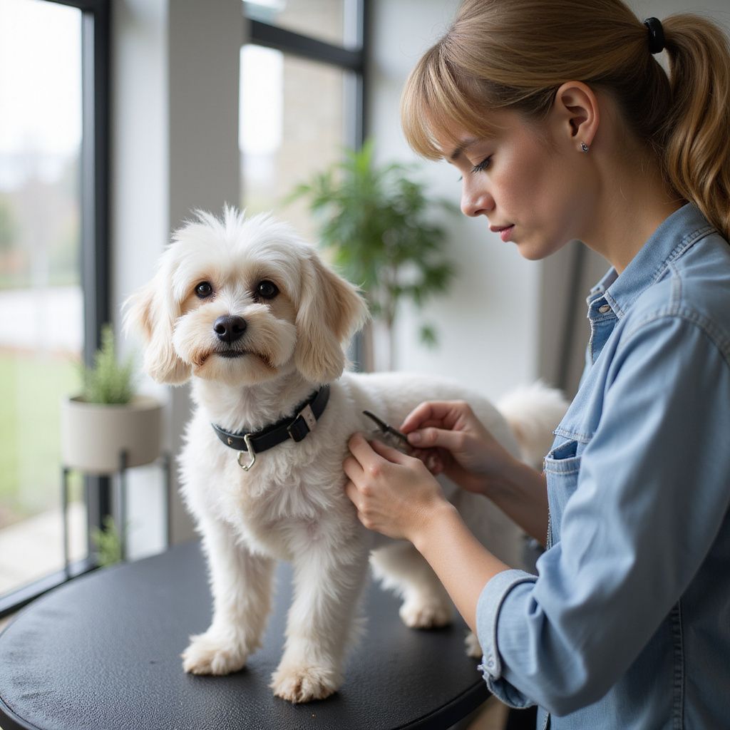Donna che toeletta un cagnolino bianco su un tavolo nero vicino a una finestra.