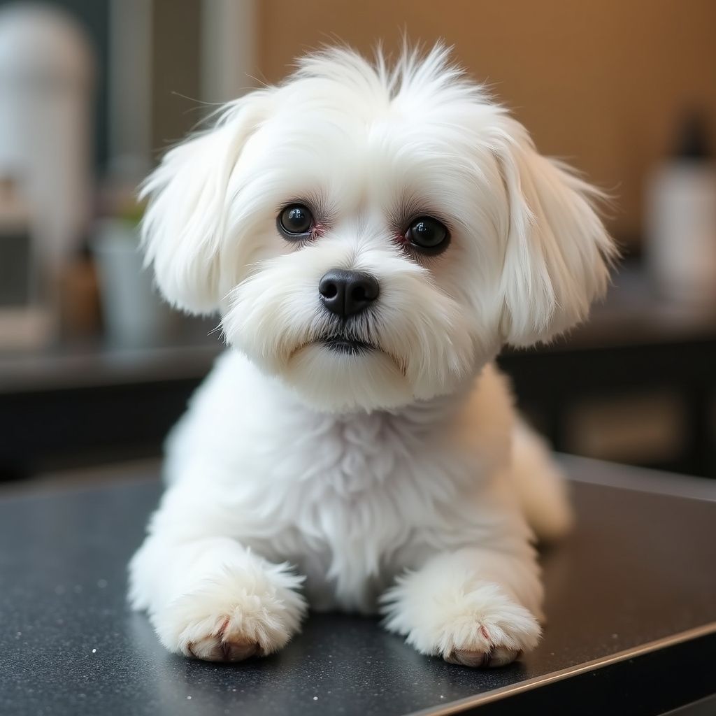 Cane maltese bianco con il naso nero, sdraiato e che guarda la telecamera.