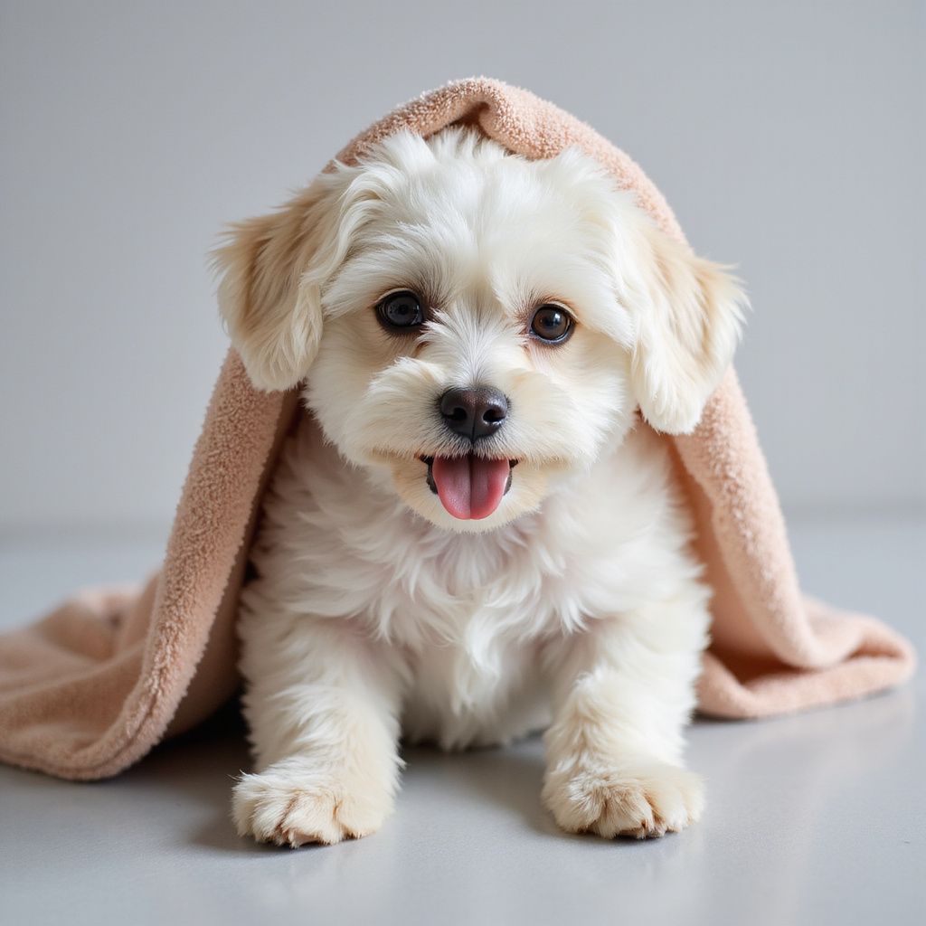 Cane bianco e soffice con la lingua fuori sotto un asciugamano color pesca.