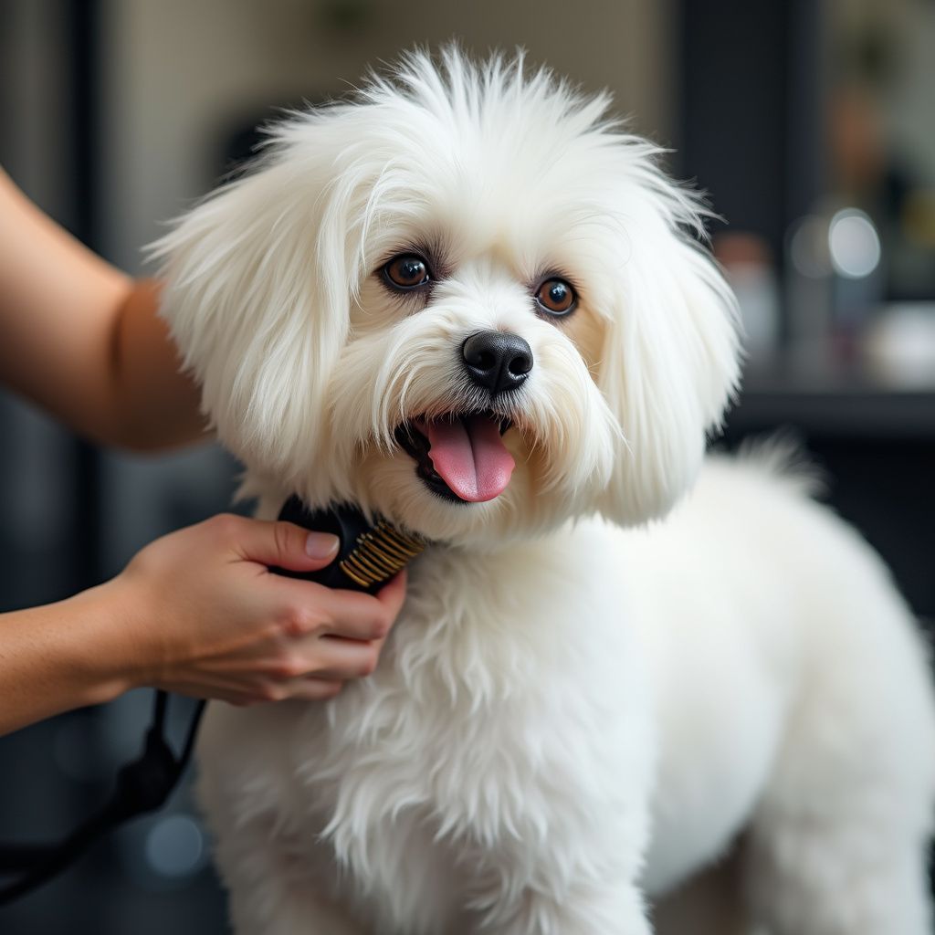 Cane maltese bianco tenuto in braccio da una persona, che ansima con la lingua fuori. Collare nero, ambiente interno.