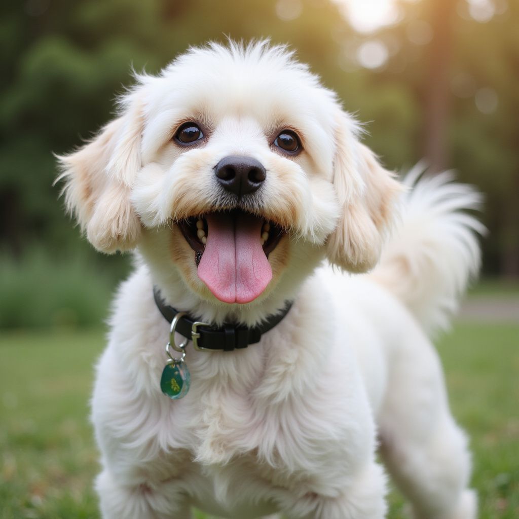 Un cane bianco e felice, con le orecchie color cuoio e il collare nero, che ansima sull'erba.