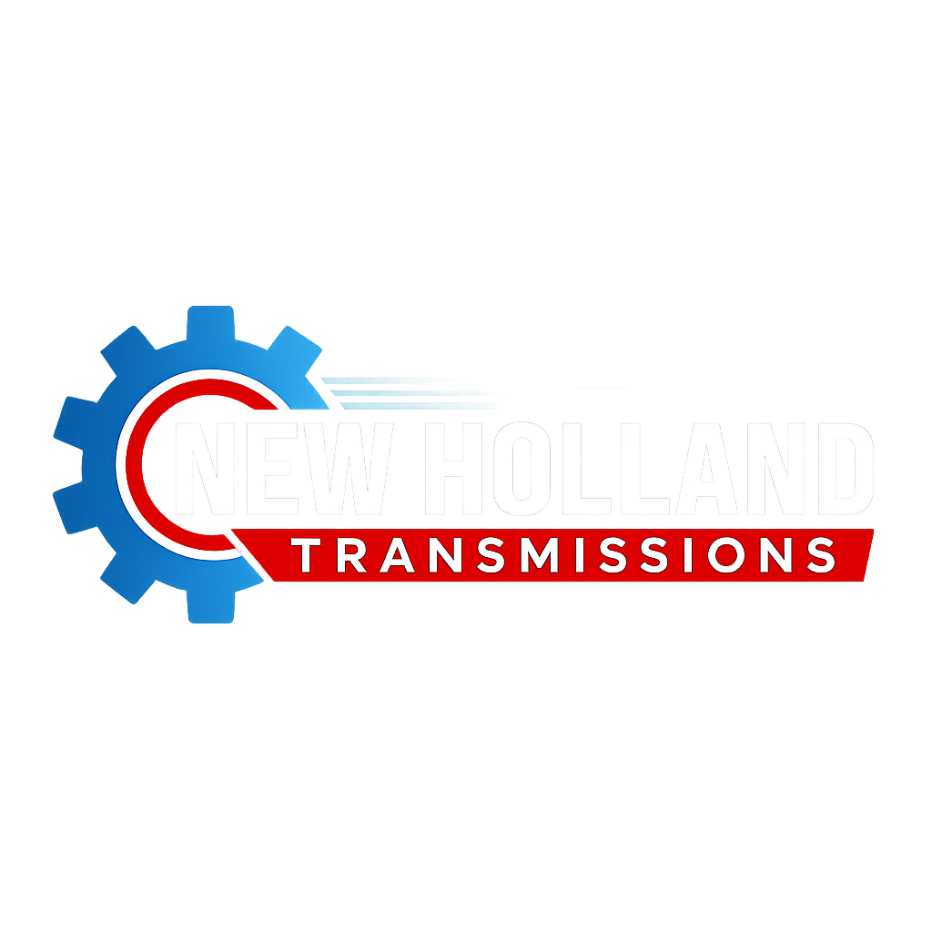 Logo for New Holland Transmissions, blue gear with red accents, white text, red banner.