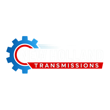 Logo for New Holland Transmissions, blue gear with red accents, white text, red banner.