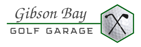 a logo for gibson bay golf garage with a golf ball and two golf clubs .