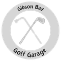 a logo for gibson bay golf garage with two golf clubs in a circle