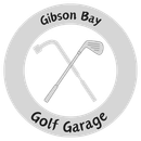 a logo for gibson bay golf garage with two golf clubs in a circle