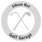 a logo for gibson bay golf garage with two golf clubs in a circle