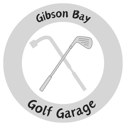 a logo for gibson bay golf garage with two golf clubs in a circle