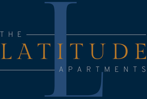 Logo for The Latitude Apartments: navy blue background, large blue "L", gold text.