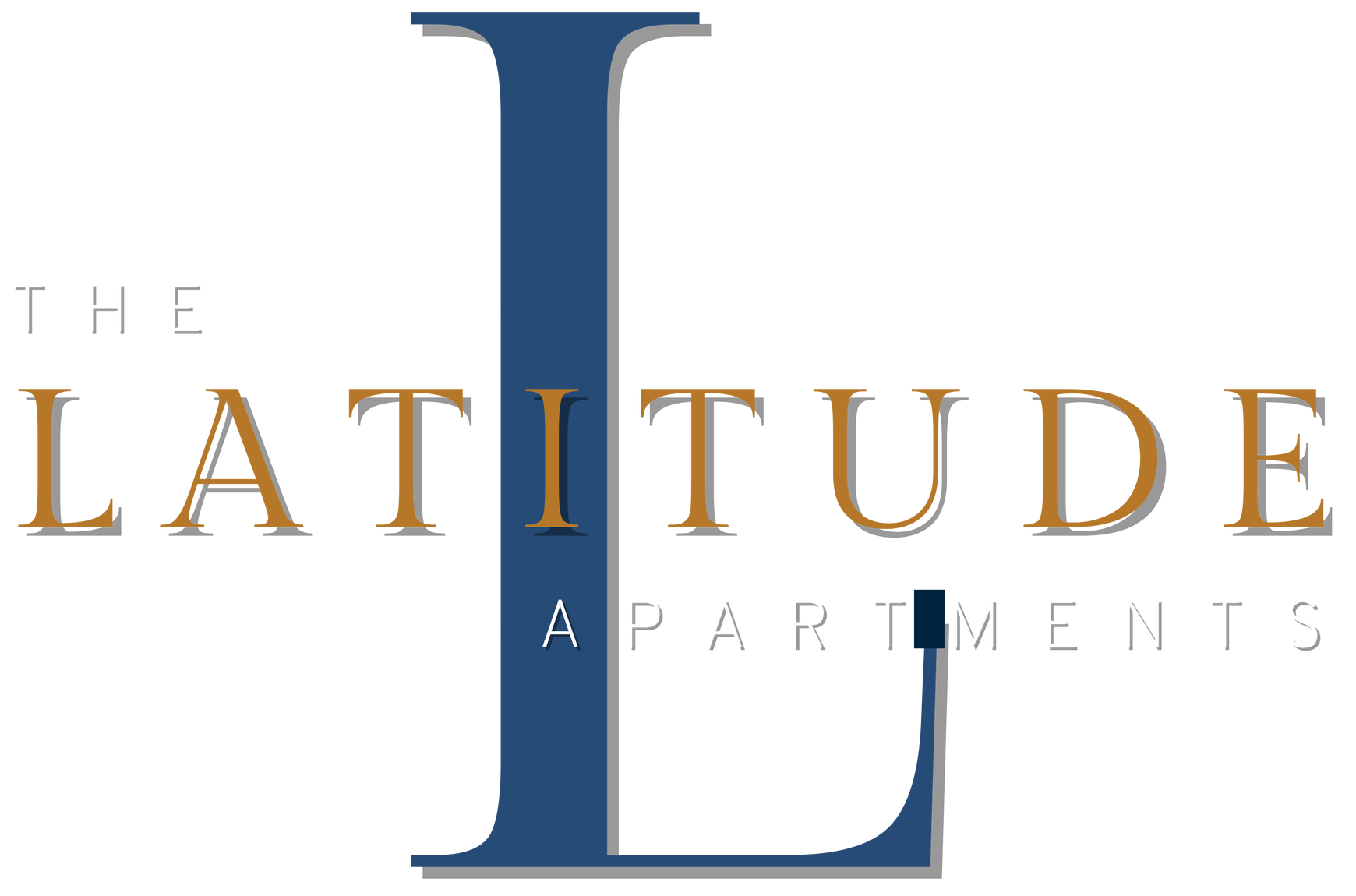 Logo for "The Latitude Apartments": large blue "L" with "The Latitude Apartments" in brown text.