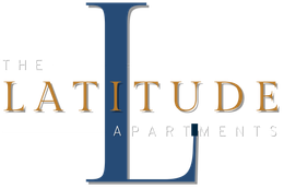 Logo for "The Latitude Apartments": large blue "L" with "The Latitude Apartments" in brown text.