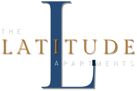 Logo for "The Latitude Apartments": large blue "L" with "The Latitude Apartments" in brown text.
