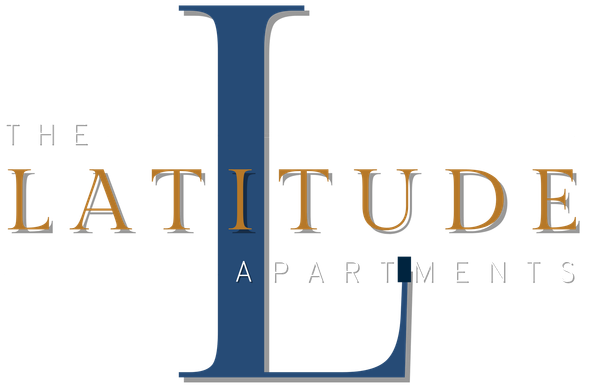 Logo for "The Latitude Apartments": large blue "L" with "The Latitude Apartments" in brown text.