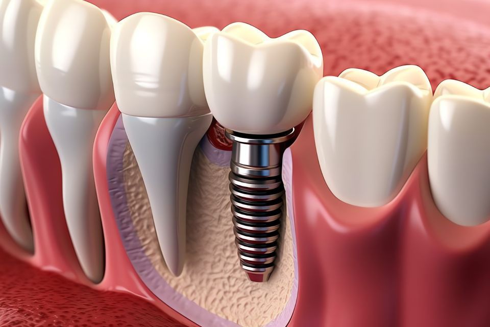 A close up of a tooth with a dental implant in it.