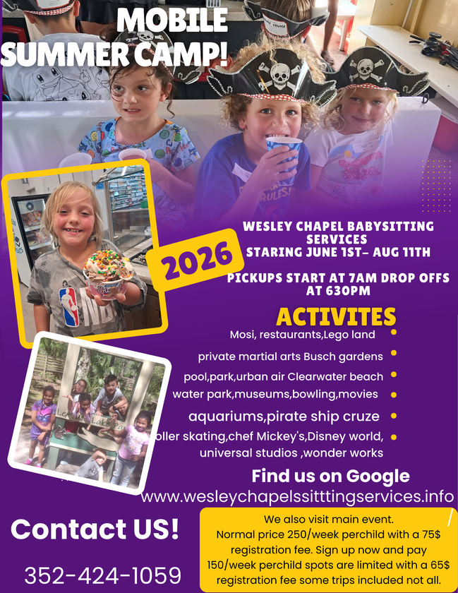 Mobile summer camp flyer with children, purple accents, activities, dates, and contact information.