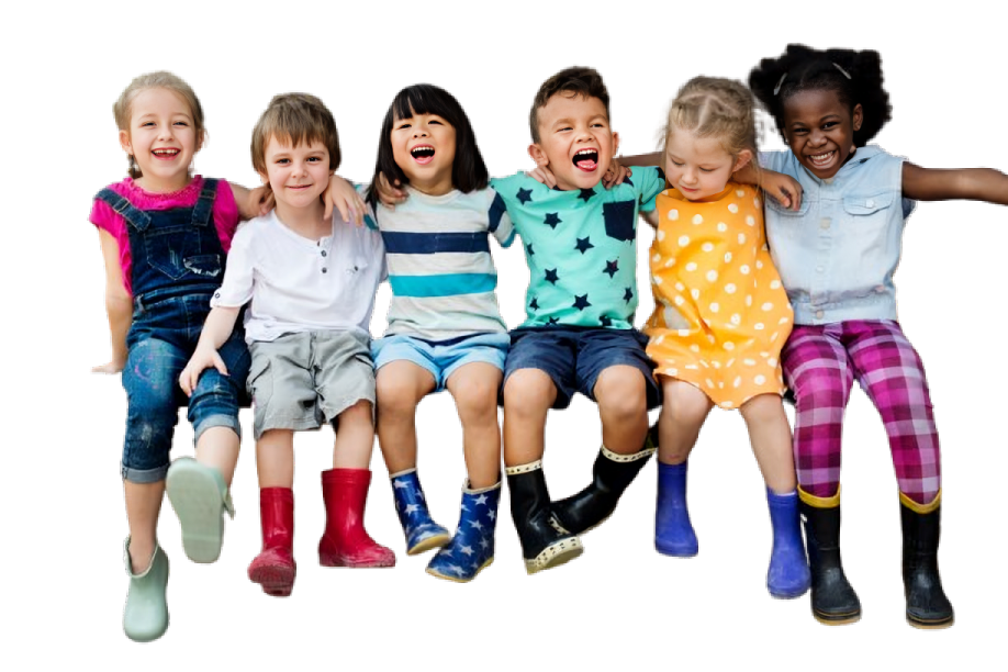A group of children are sitting next to each other on a white background.