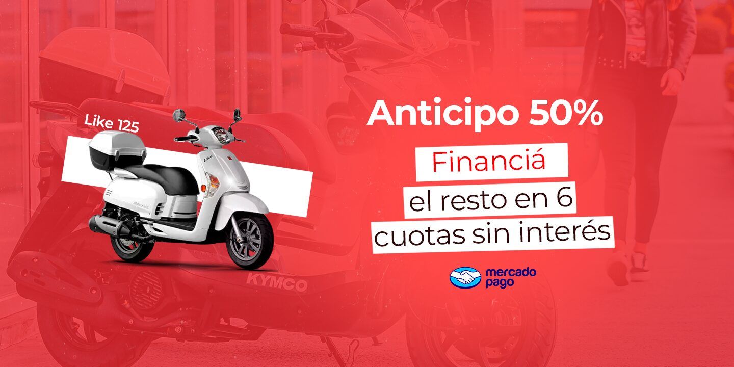 Anuncio promocional de una scooter Kymco que ofrece un pago inicial del 50% y financiación sin intereses durante 6 meses para el resto.