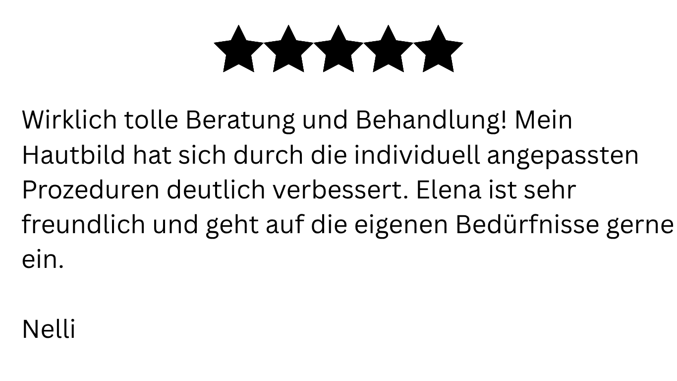 Review with 5-star rating, praising Elena's consultations & treatments for improving skin. Signed Nelli.