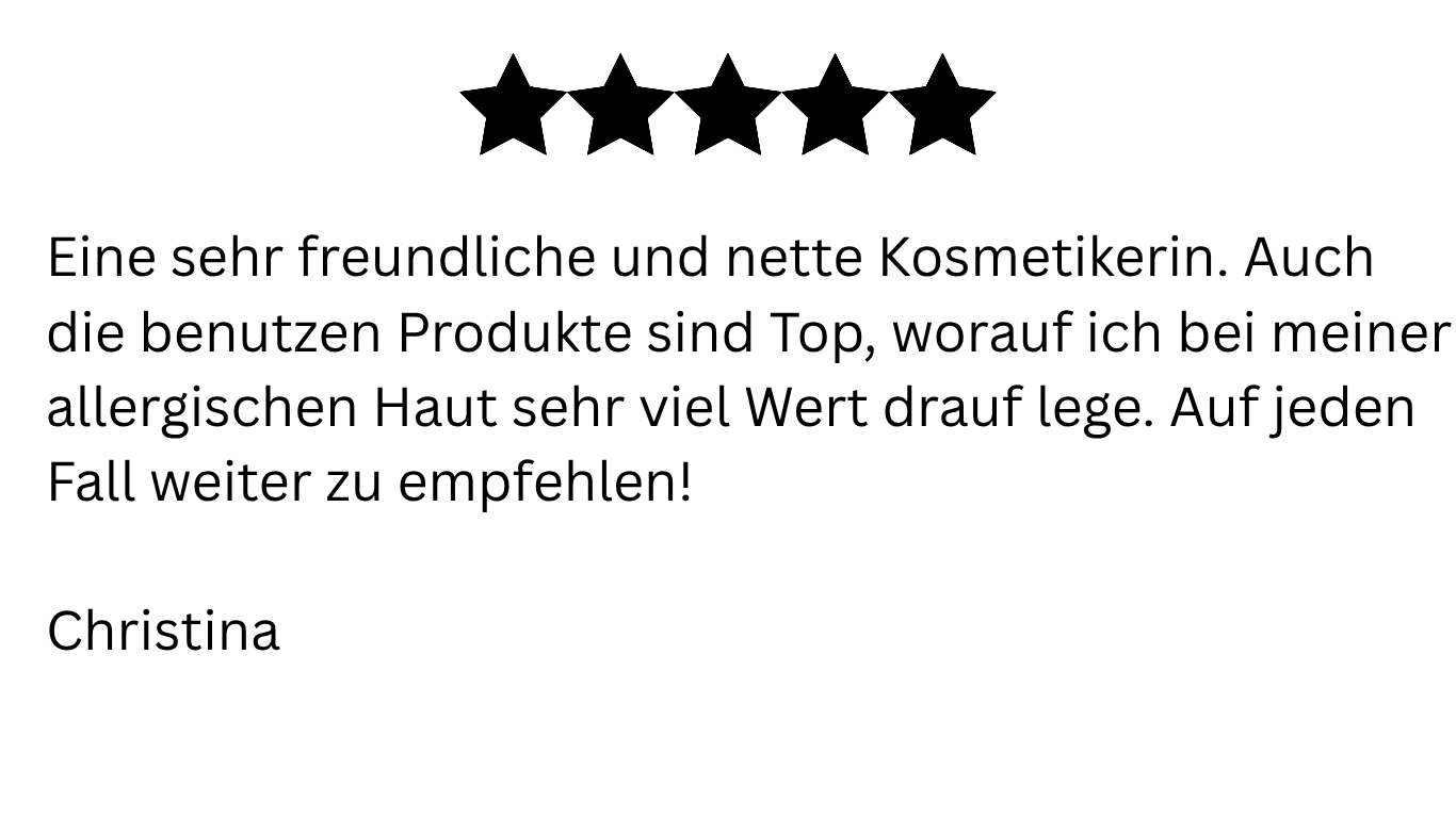 Customer review with five stars: friendly beautician, top products, recommended.