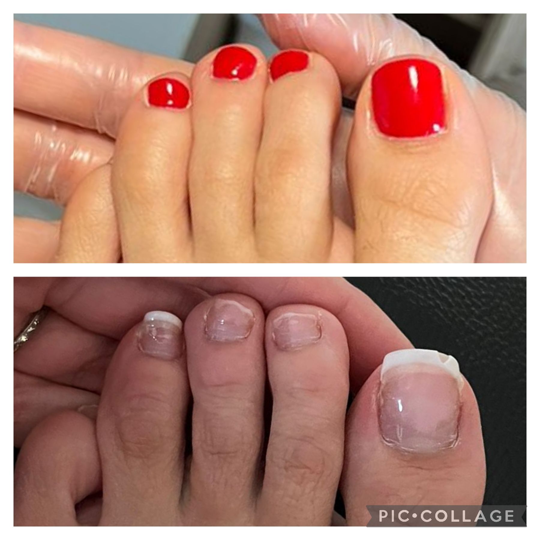 Two images showing before and after pedicure: bare toenails transformed to red polish.