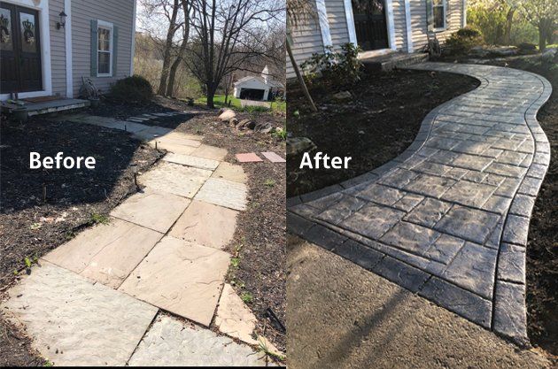 Before and after image of a stamped concrete walkway installation by Universal Paving & Concrete in Rochester, NY, showcasing the dramatic transformation.