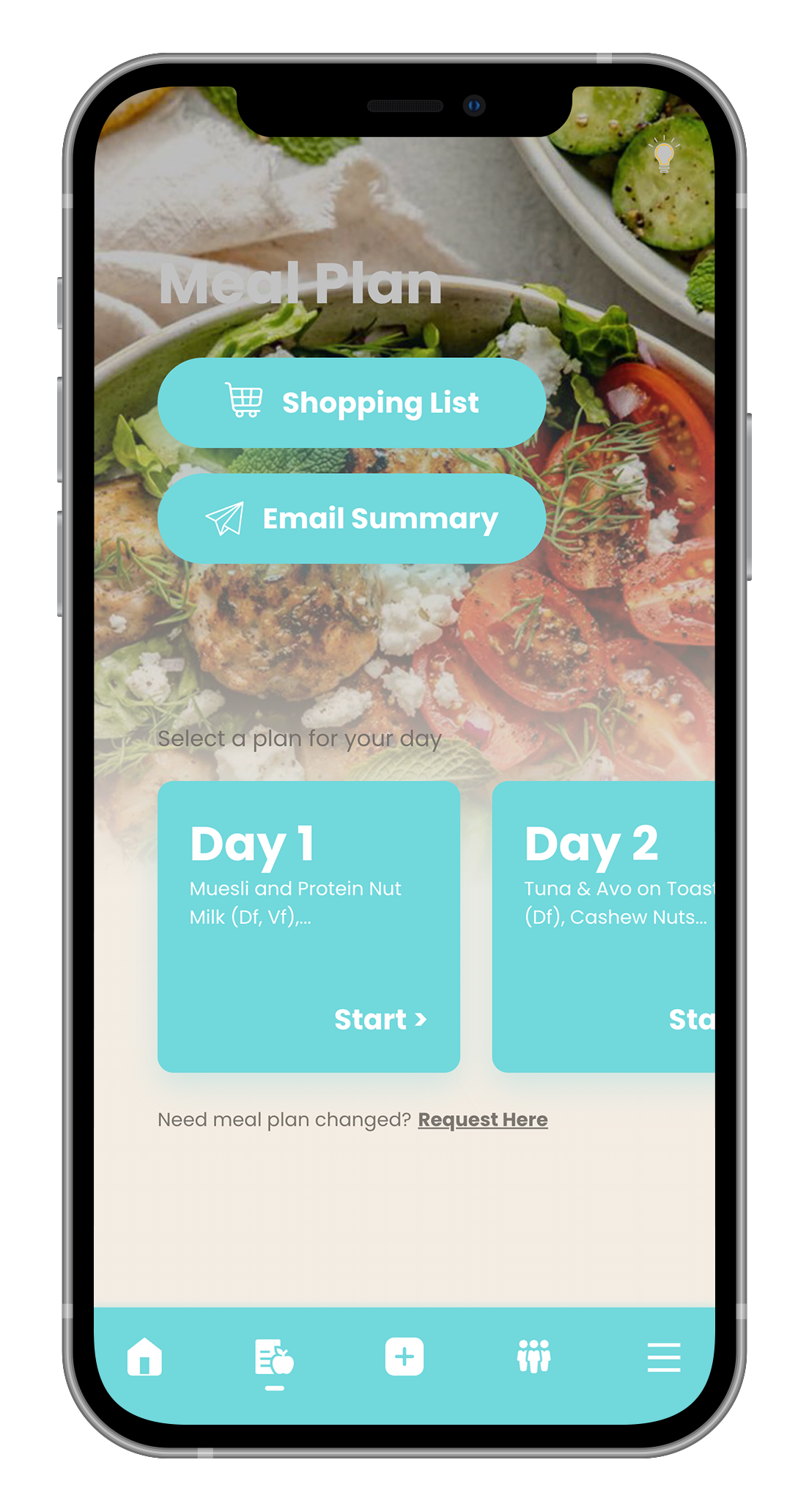 A cell phone with a meal plan app on it.