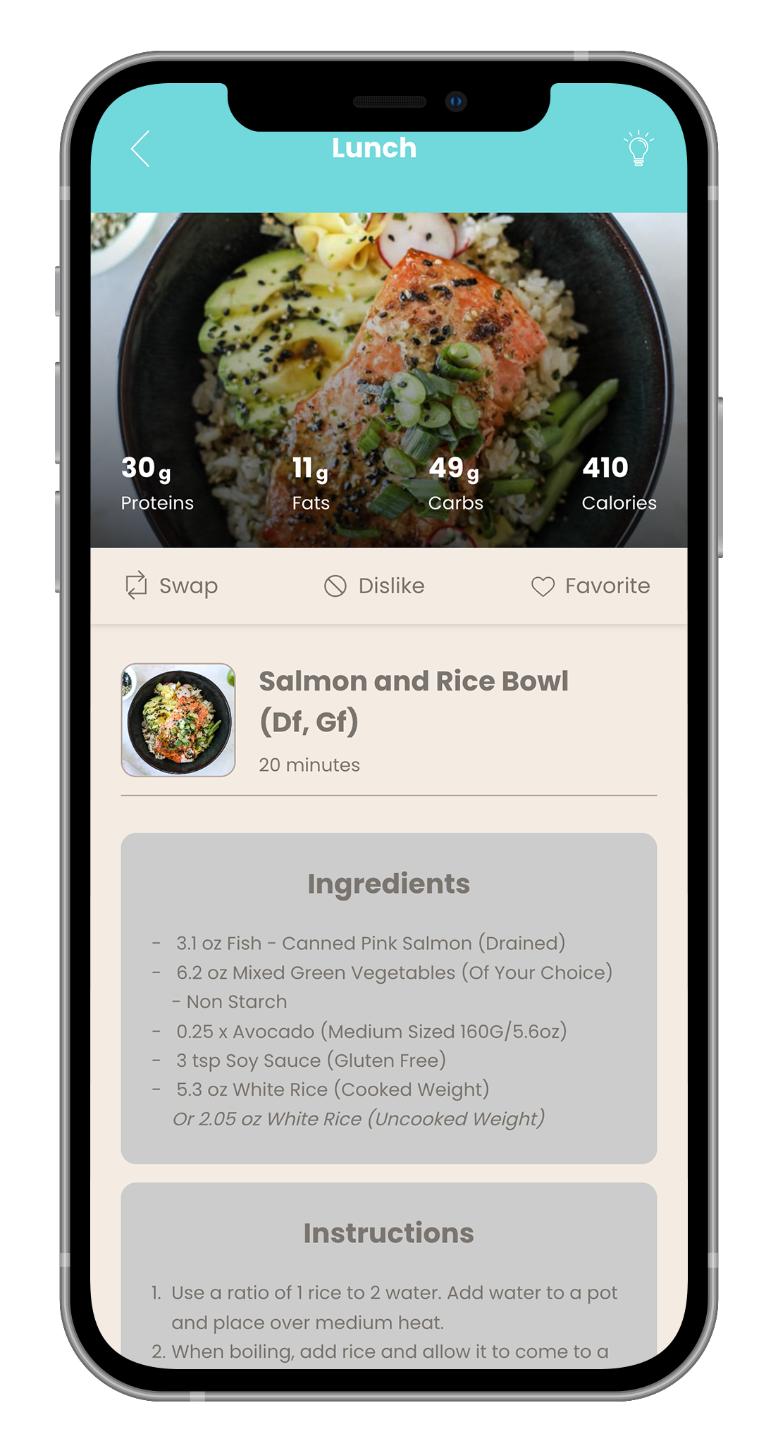 A cell phone with a recipe for a salad on the screen.