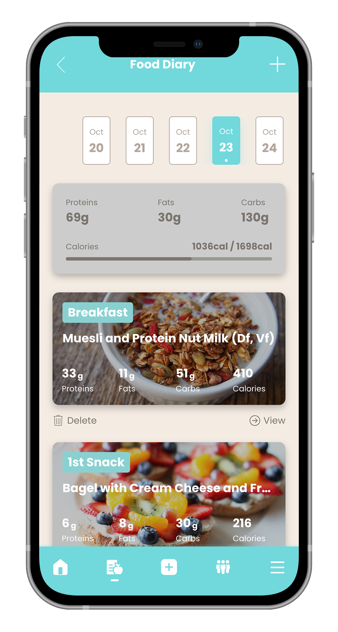 A cell phone with a food diary app on it.