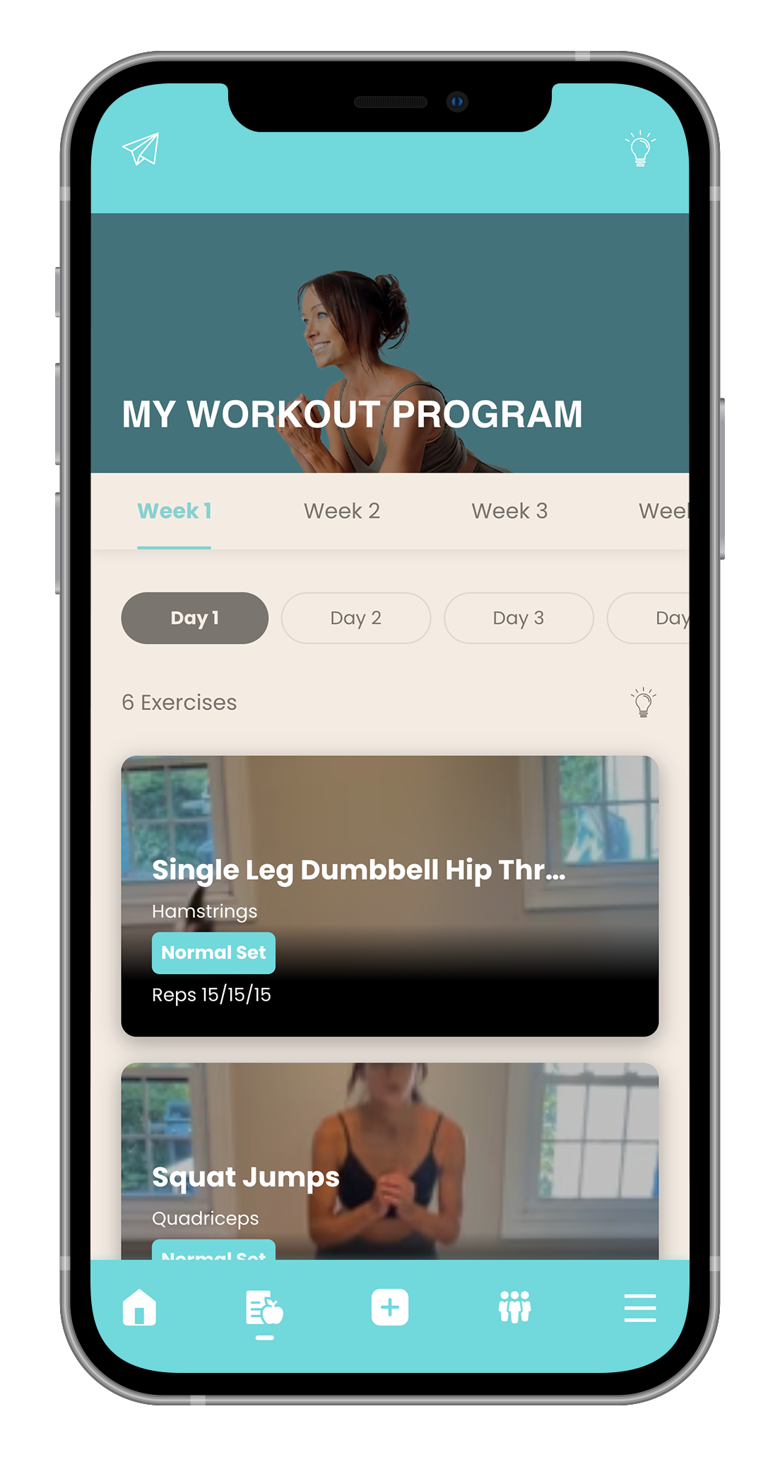 A cell phone with a workout program on the screen.