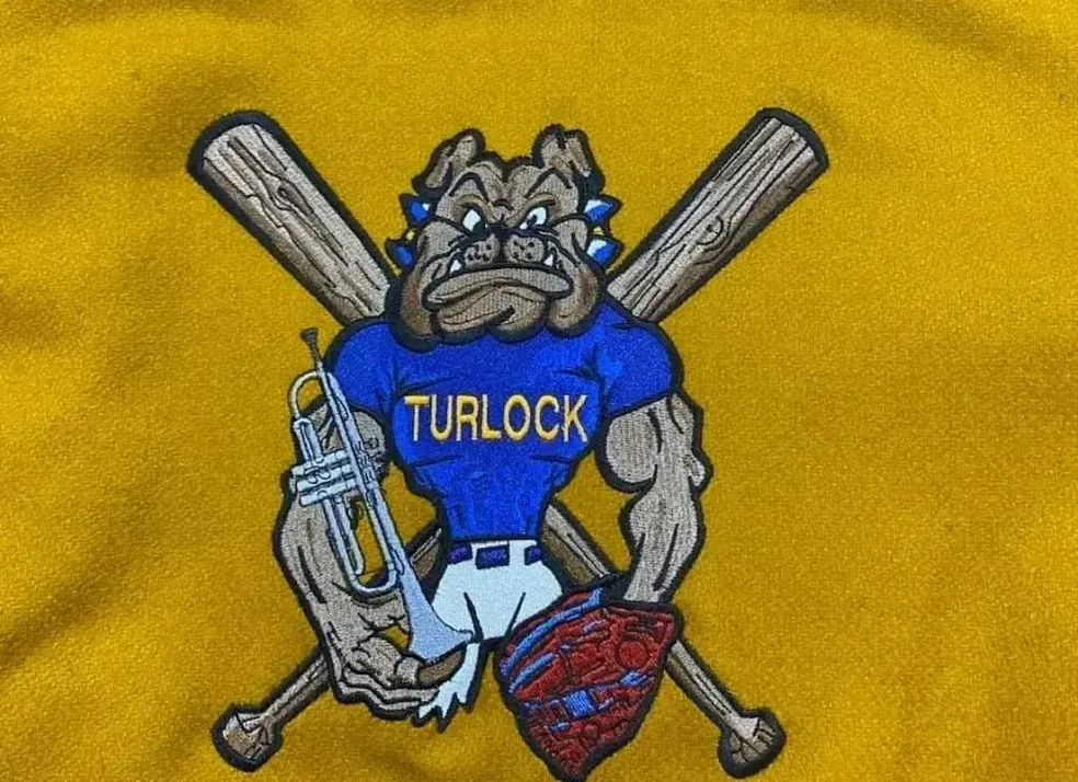 A bulldog is holding a trumpet and a baseball bat.