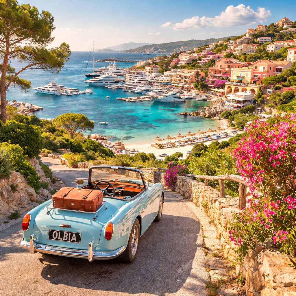 Porto Cervo Costa Smeralda con marina e yacht visto dall’alto al tramonto da Olbia