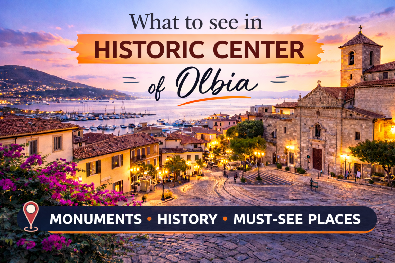 Olbia historic center with harbor and city view at sunset in Sardinia