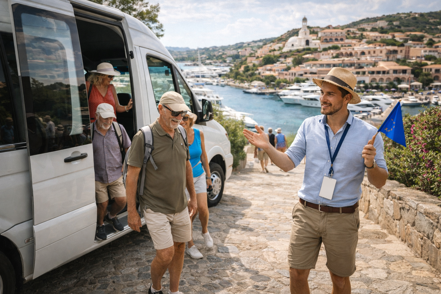 Destination Management Company in Sardegna: briefing operativo con assistente locale e gruppo di turisti