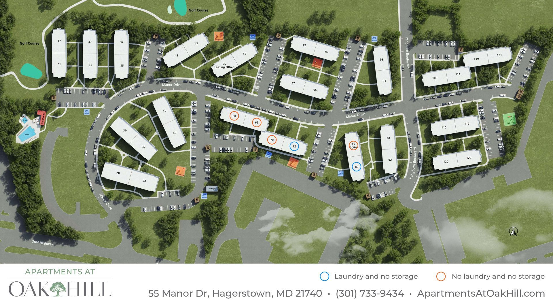 An aerial view of an apartment complex called oak hill