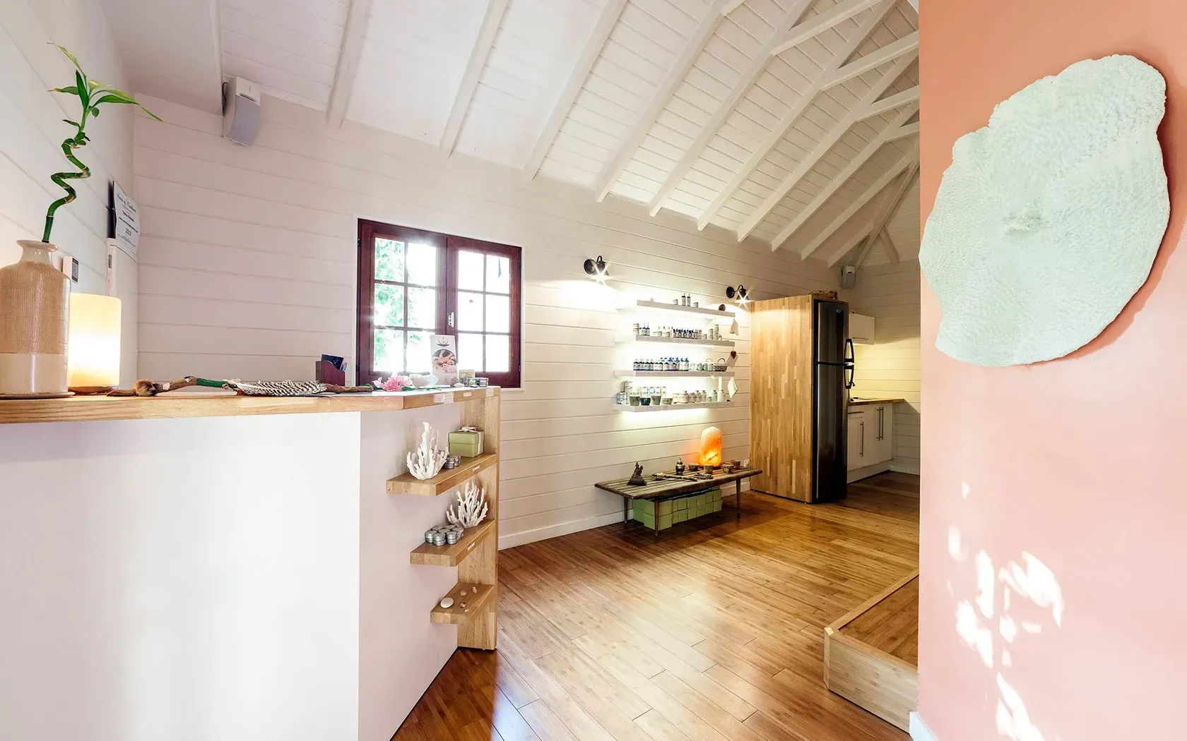 Interior shot of a light, airy room with a white vaulted ceiling, wooden floors, and display shelves; a pink wall is visible.