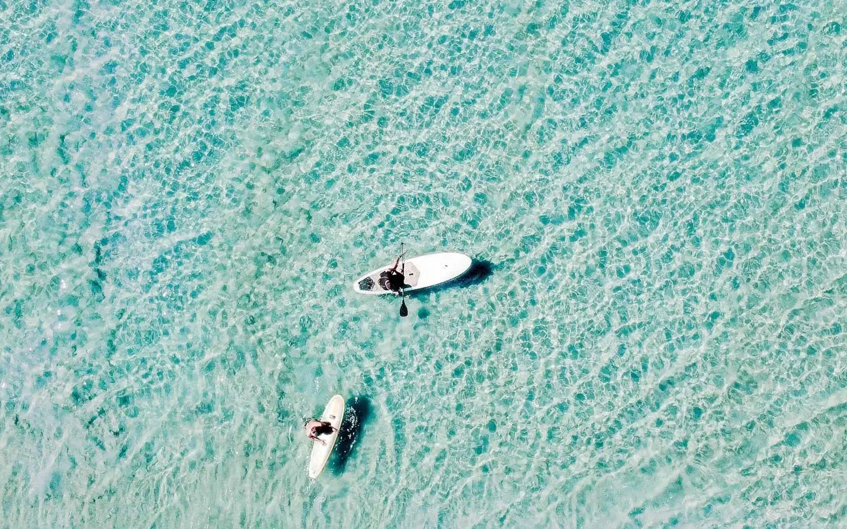 Two people paddleboarding on turquoise water.