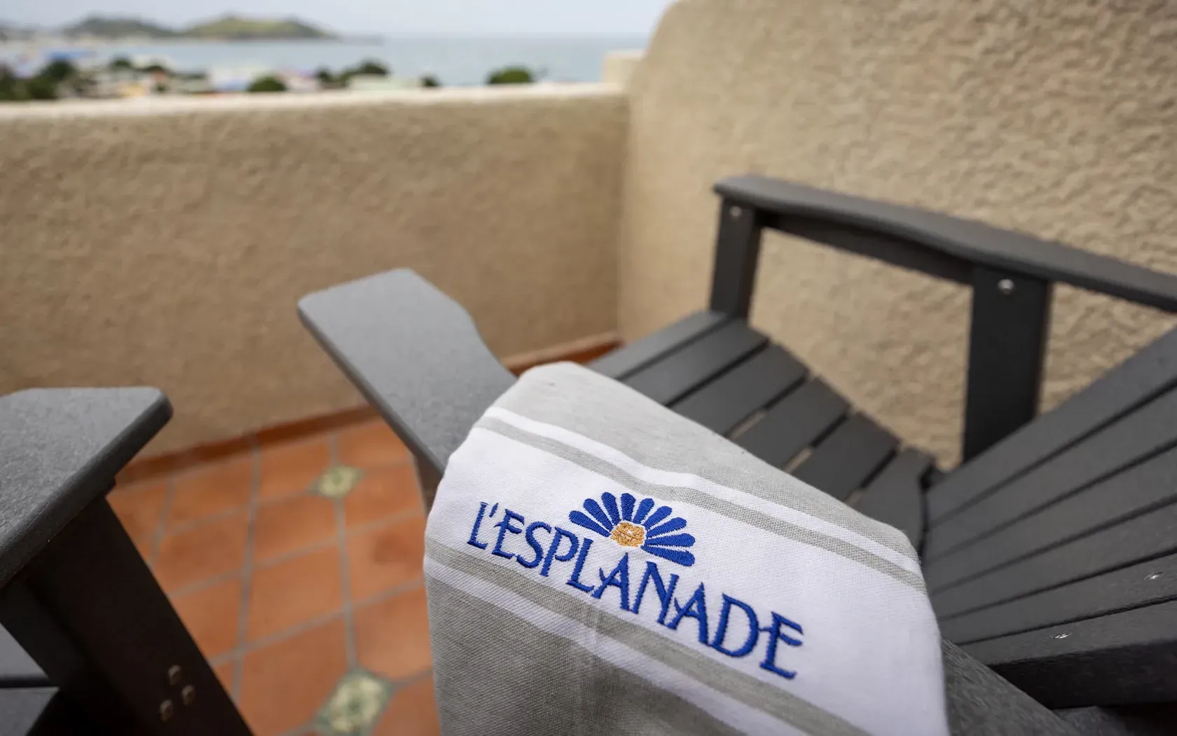 Close-up of a towel on a gray chair with 