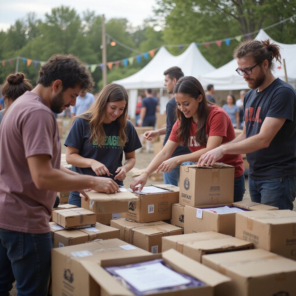 Mensen pakken dozen in bij een evenement in de openlucht, sommigen lachen. Tenten en vlaggetjes op de achtergrond.
