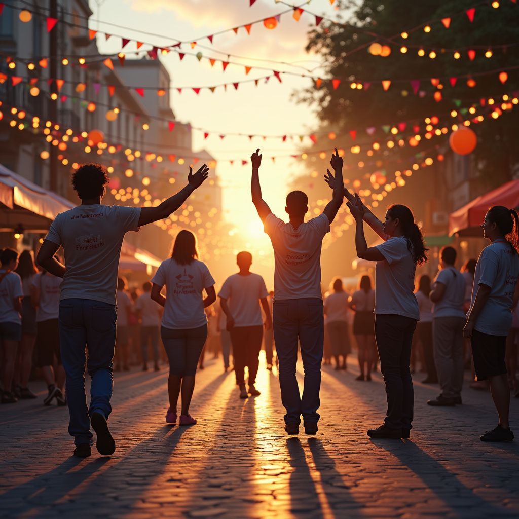 Mensen juichen in een zonovergoten straat vol feestelijke verlichting en kraampjes.