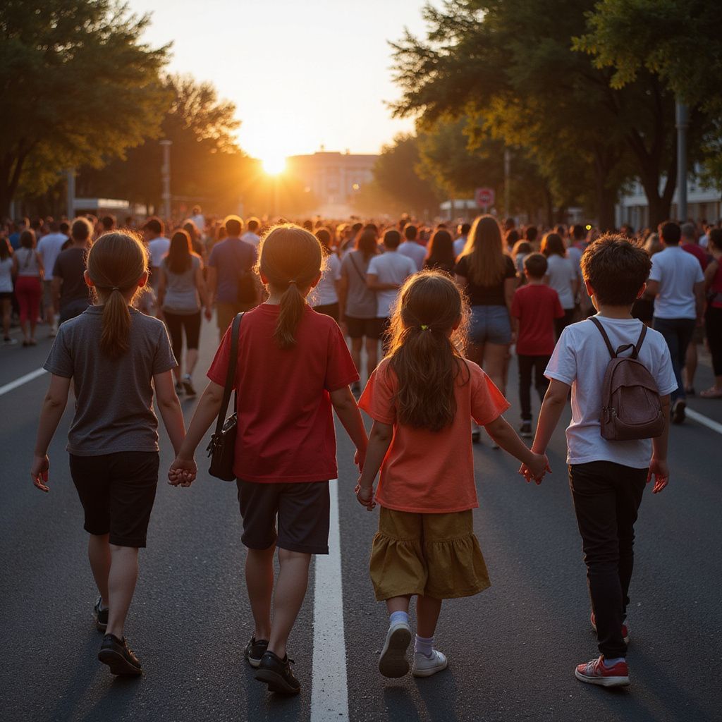 Vier kinderen lopen hand in hand door een drukke straat, richting de ondergaande zon.