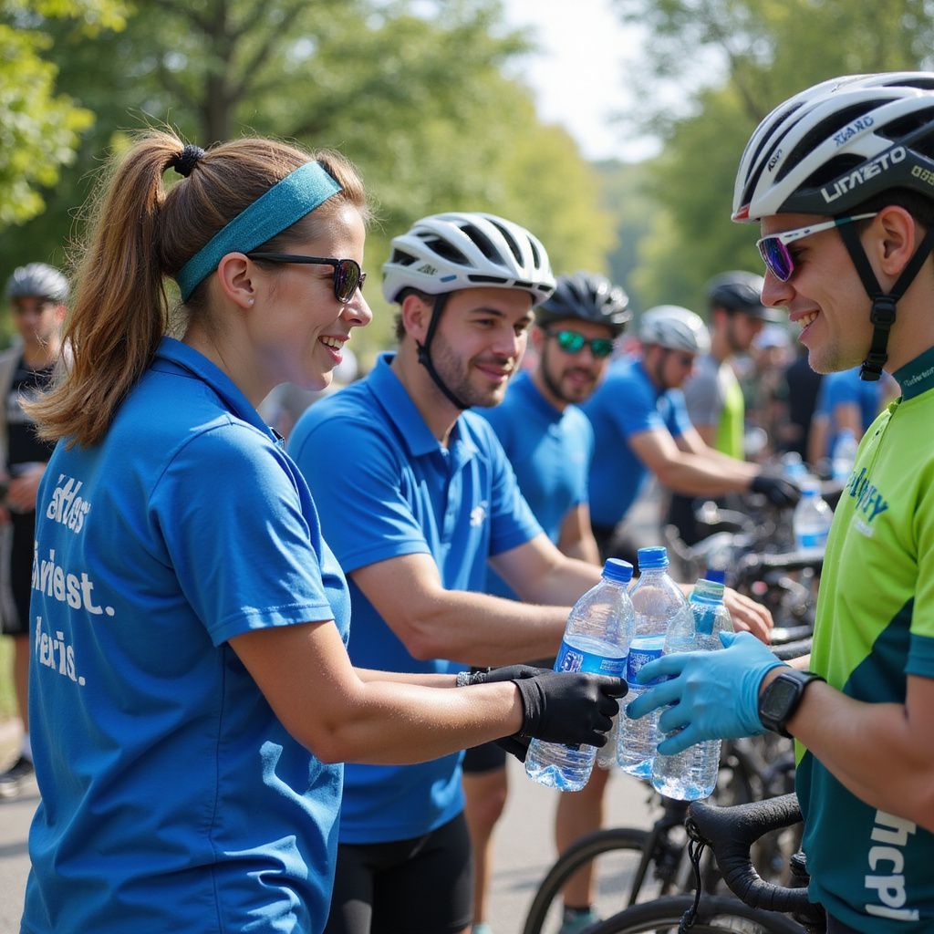 Vrijwilligers delen waterflesjes uit aan fietsers tijdens een buitenevenement; zonnige dag.