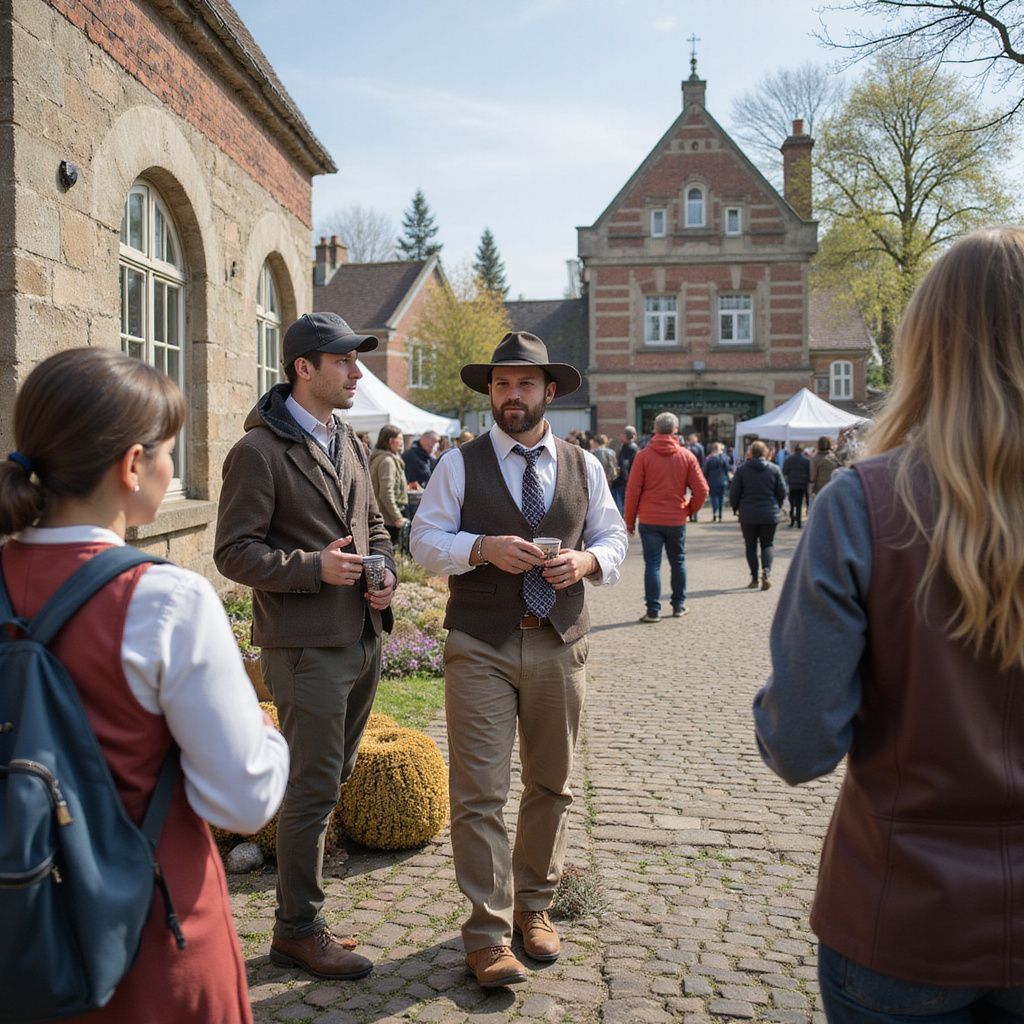 Mensen wandelen in een openluchtgebied. Gebouwen, bomen en tenten zijn op de achtergrond te zien. Zonnige dag.