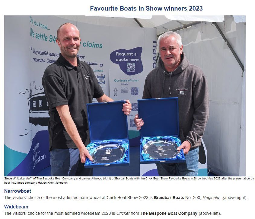 Narrow Boat Reginald Favourite Boat in Show Award Winner