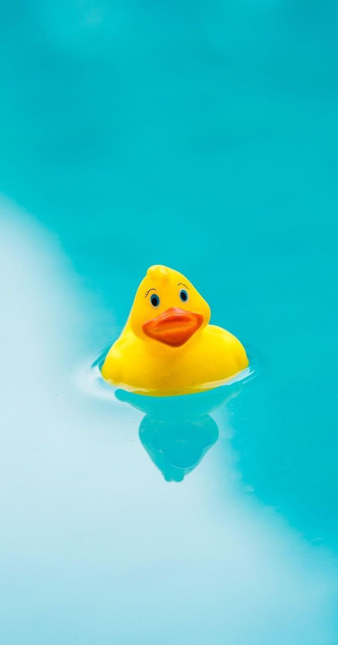 A yellow rubber duck is floating in a blue pool.