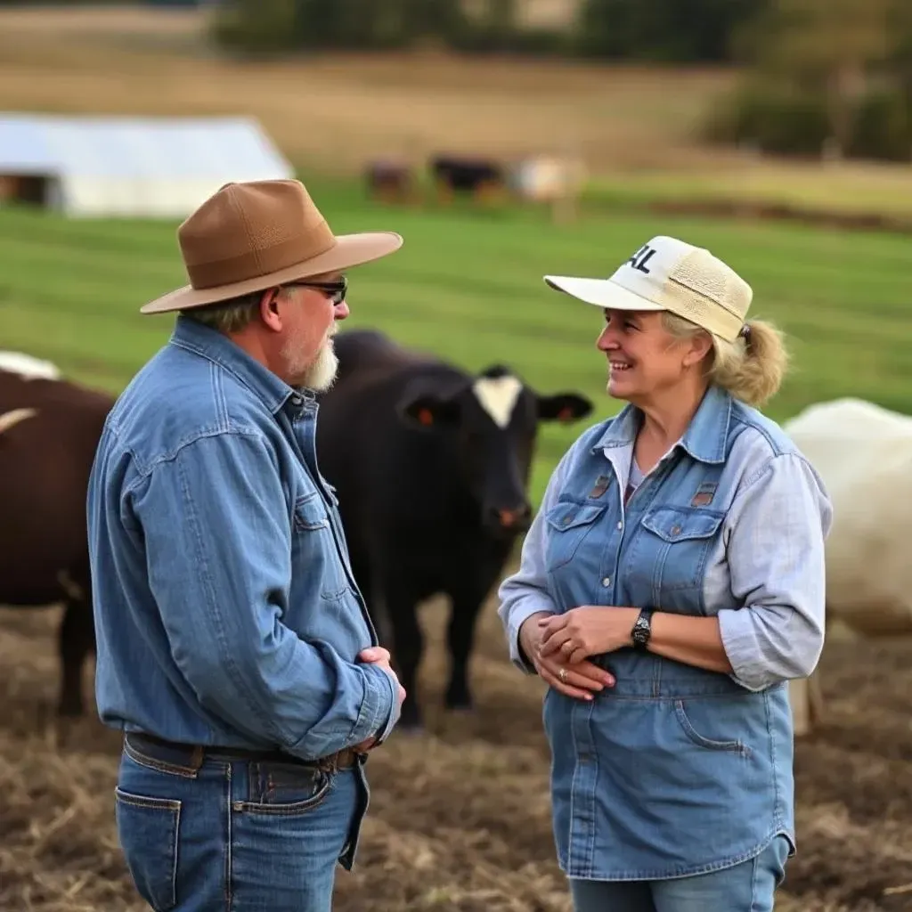 Two people in denim shirts and hats converse in a pasture with cows.