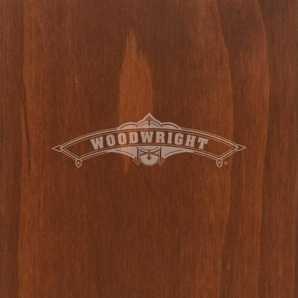 Woodwright logo on a dark brown wood grain background.