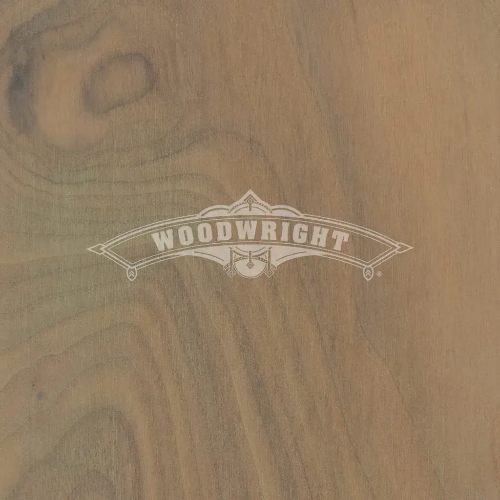 Woodwright logo on a woodgrain background, featuring an emblem and text.