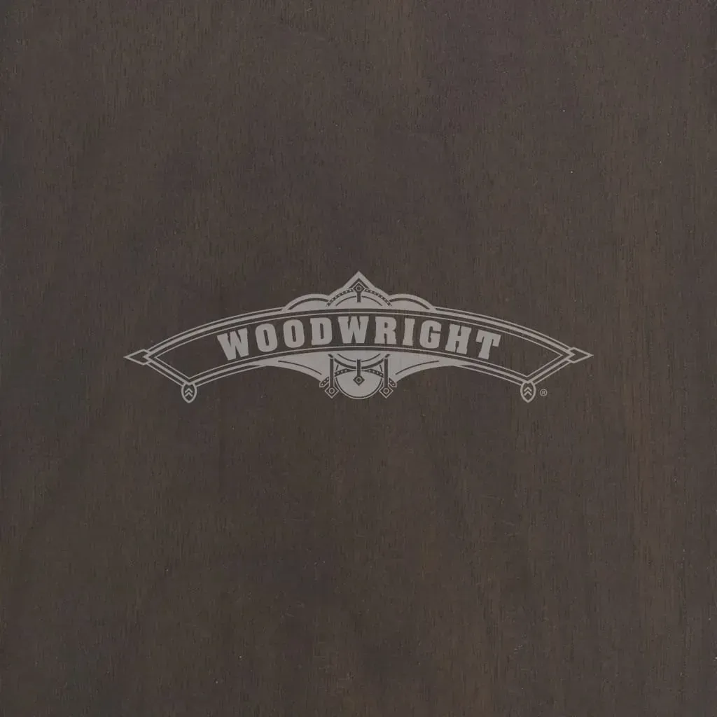 Logo for Woodwright; silver text on a dark gray background.